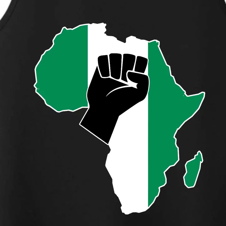 Love Nigeria With Nigerian Flag In Africa Map Raised Fist Performance Tank