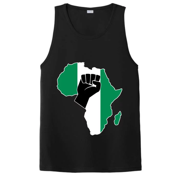 Love Nigeria With Nigerian Flag In Africa Map Raised Fist Performance Tank