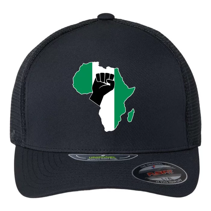 Love Nigeria With Nigerian Flag In Africa Map Raised Fist Flexfit Unipanel Trucker Cap