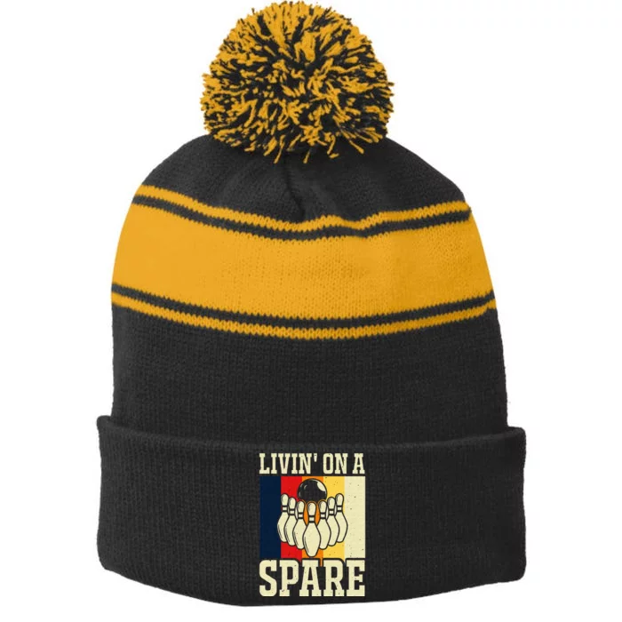 Living On A Spare Funny Bowling Team Bowler Bowling Lover Stripe Pom Pom Beanie