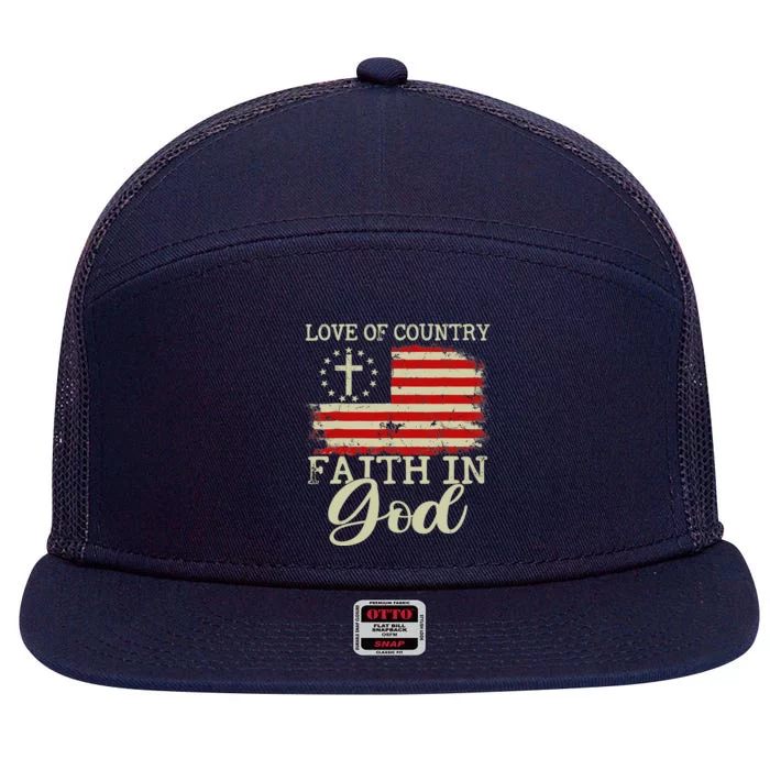 Love Of Country Faith In God Patriotic 4th Of July Christian 7 Panel Mesh Trucker Snapback Hat