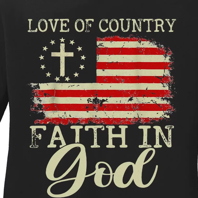 Love Of Country Faith In God Patriotic 4th Of July Christian Ladies Long Sleeve Shirt