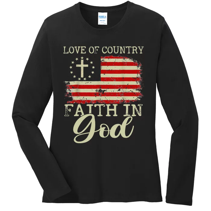 Love Of Country Faith In God Patriotic 4th Of July Christian Ladies Long Sleeve Shirt