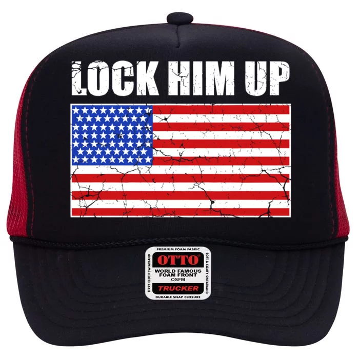 Lock Him Up Resist USA Flag Anti Trump High Crown Mesh Trucker Hat