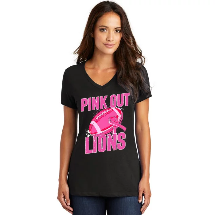 Lions Out Football Tackle Breast Cancer Women's V-Neck T-Shirt