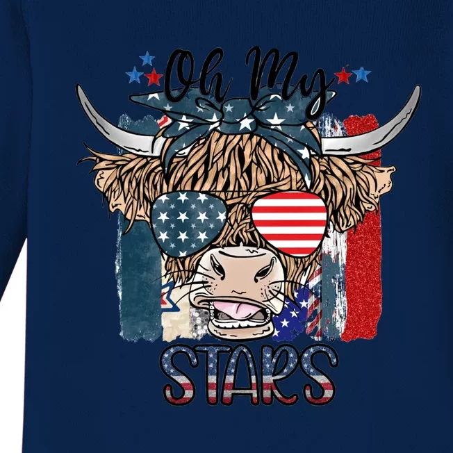 Leopard Ohmeaningful Giftmy Stars Cow American Highland Cow With 4th July Gift Baby Long Sleeve Bodysuit