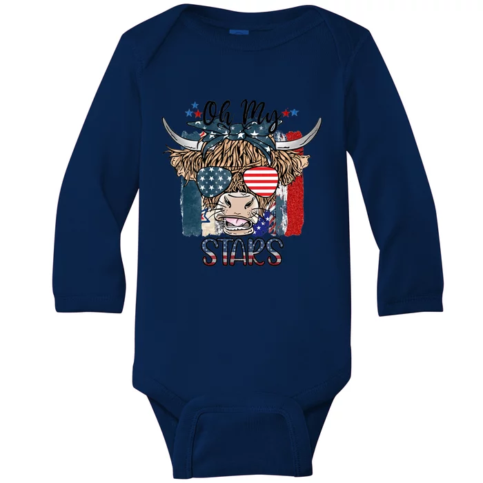 Leopard Ohmeaningful Giftmy Stars Cow American Highland Cow With 4th July Gift Baby Long Sleeve Bodysuit