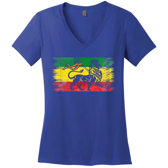 Lion Of Judah Rasta Ethiopian Reggae Old Ethiopia Flag Fan Gift Women's V-Neck T-Shirt