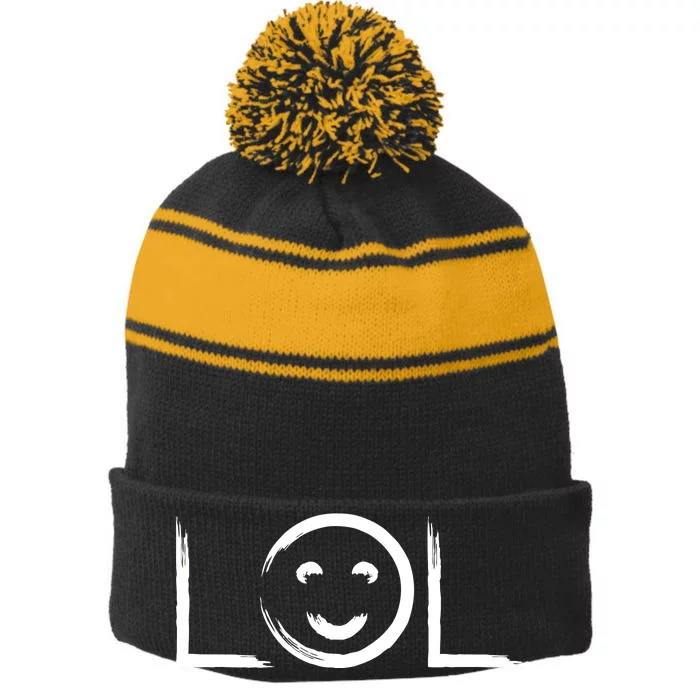 LOL Smiley Face Emoji Stripe Pom Pom Beanie