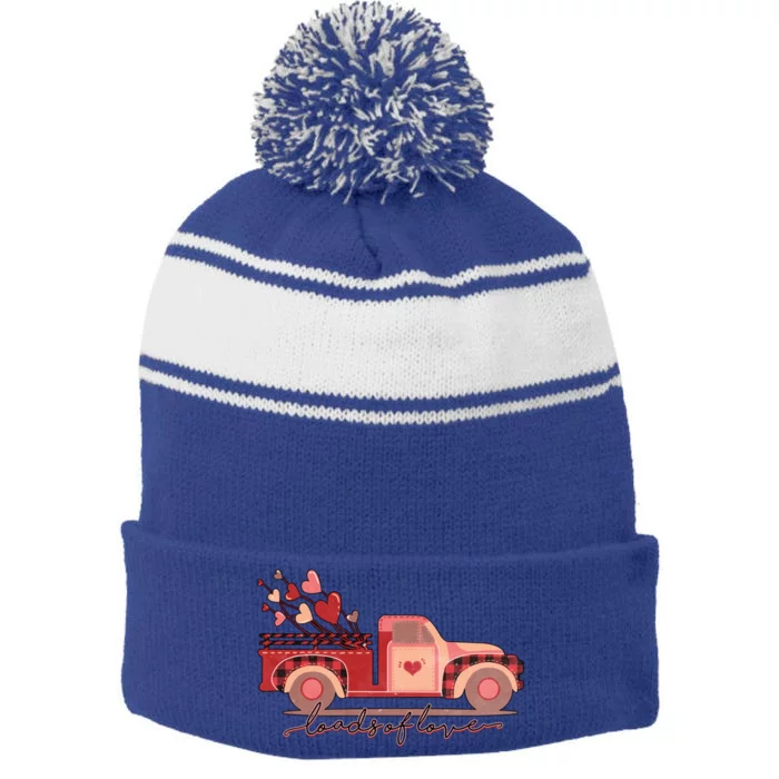 Loads Of Love Heart Truck Happy Valentines Day Heart Love Funny Gift Stripe Pom Pom Beanie