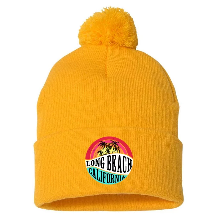 Long Beach California Retro Circle Pom Pom 12in Knit Beanie