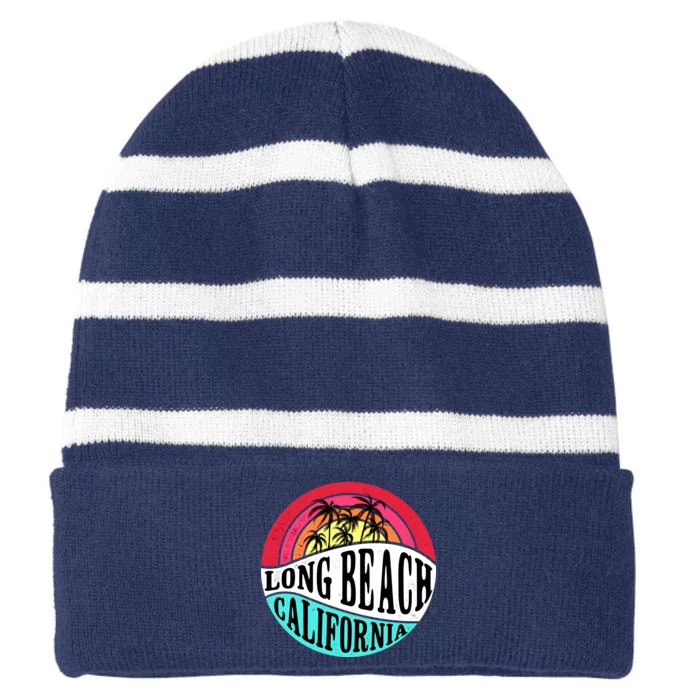 Long Beach California Retro Circle Striped Beanie with Solid Band