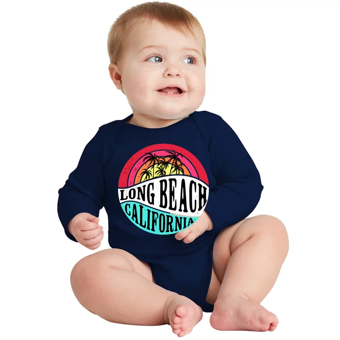 Long Beach California Retro Circle Baby Long Sleeve Bodysuit