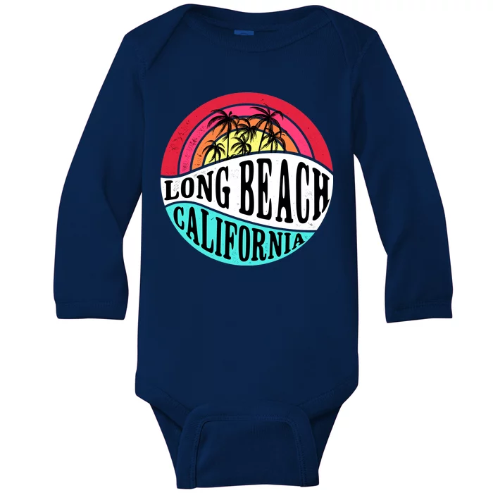 Long Beach California Retro Circle Baby Long Sleeve Bodysuit