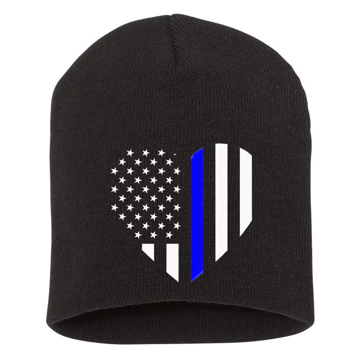 Love Our Police Officer US Flag Heart Thin Blue Line Short Acrylic Beanie