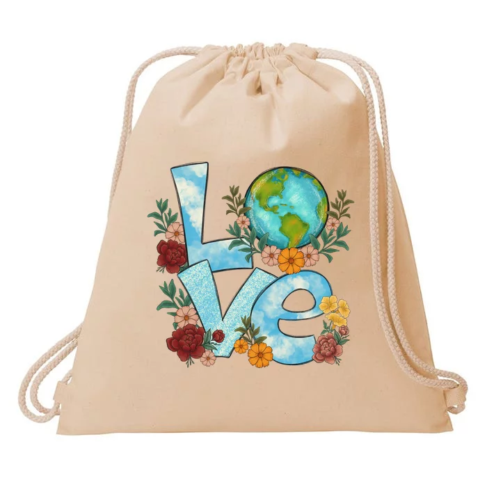 Love Our Planet Floral Earth Day Drawstring Bag