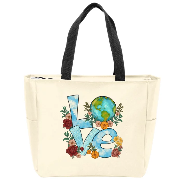 Love Our Planet Floral Earth Day Zip Tote Bag