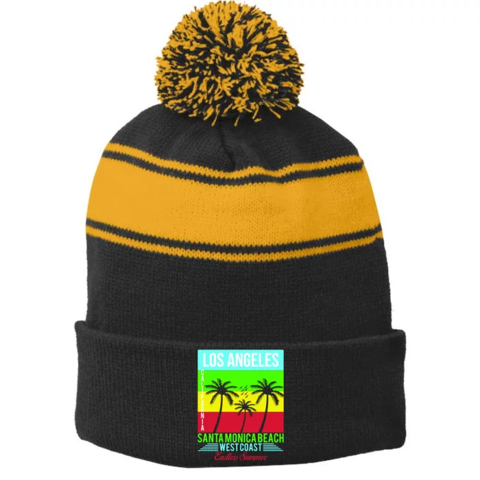 Los Angeles Santa Monica Beach Stripe Pom Pom Beanie