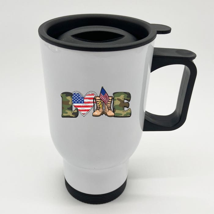 Love Our Soldiers, US Troops Front & Back Stainless Steel Travel Mug