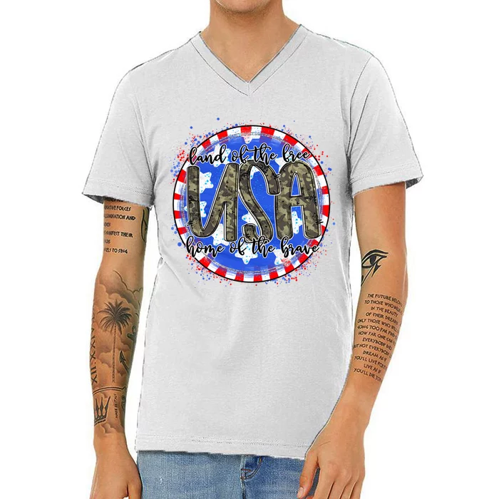 Land Of The Free Home Of The Brave USA Celebration V-Neck T-Shirt