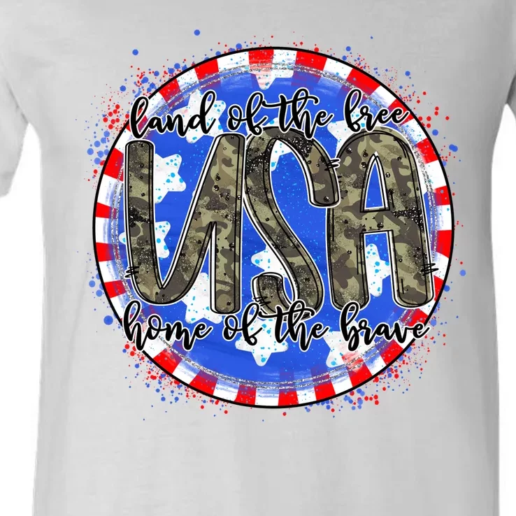 Land Of The Free Home Of The Brave USA Celebration V-Neck T-Shirt