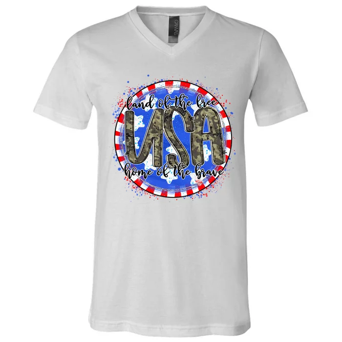 Land Of The Free Home Of The Brave USA Celebration V-Neck T-Shirt