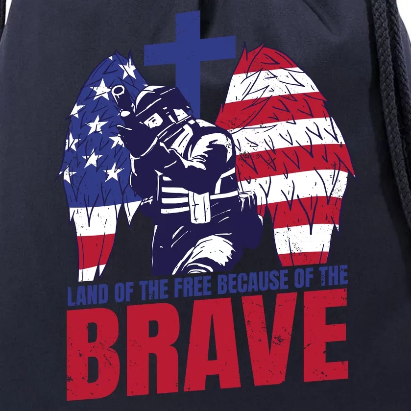 Land Of The Free Because Of The Brave Soldier Cross Drawstring Bag