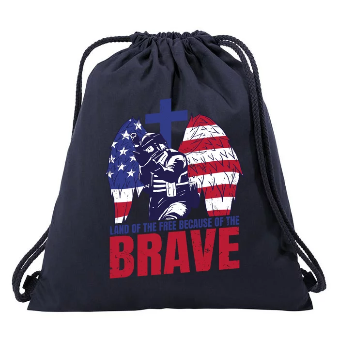 Land Of The Free Because Of The Brave Soldier Cross Drawstring Bag