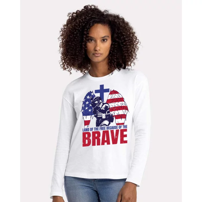 Land Of The Free Because Of The Brave Soldier Cross Womens Cotton Relaxed Long Sleeve T-Shirt