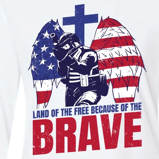 Land Of The Free Because Of The Brave Soldier Cross Womens Cotton Relaxed Long Sleeve T-Shirt