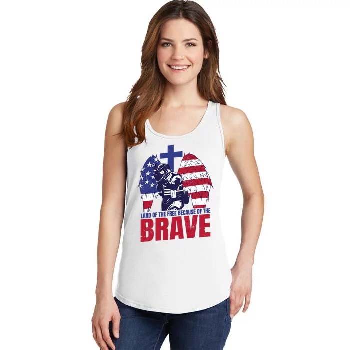 Land Of The Free Because Of The Brave Soldier Cross Ladies Essential Tank