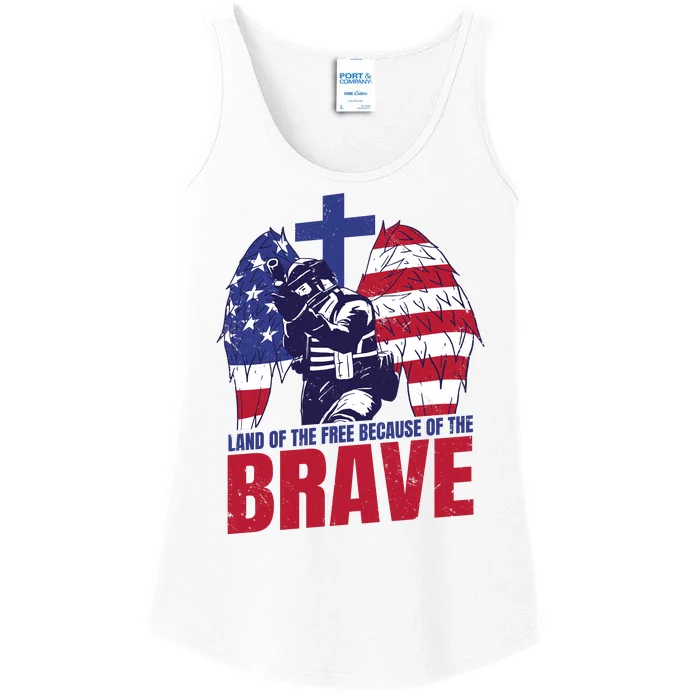 Land Of The Free Because Of The Brave Soldier Cross Ladies Essential Tank