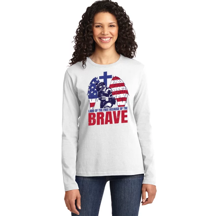 Land Of The Free Because Of The Brave Soldier Cross Ladies Long Sleeve Shirt