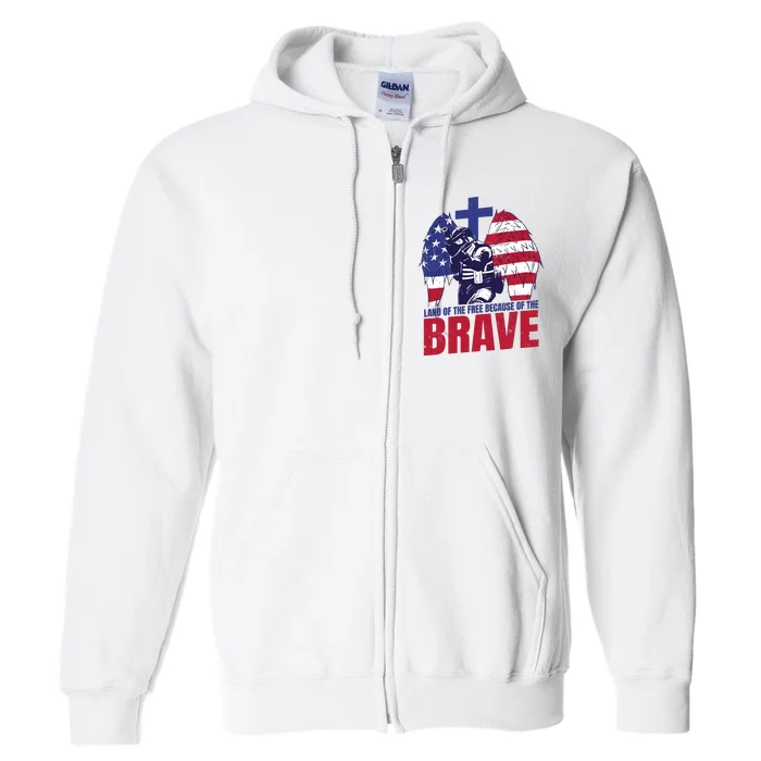 Land Of The Free Because Of The Brave Soldier Cross Full Zip Hoodie