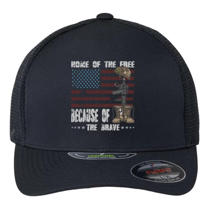 Land Of The Free Because The Brave Distress Veteran Us Flag Gift Flexfit Unipanel Trucker Cap