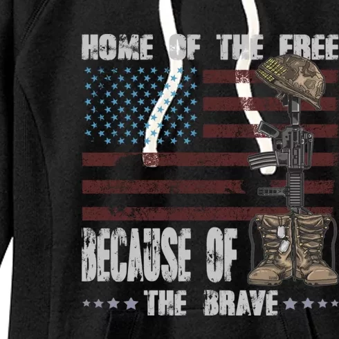 Land Of The Free Because The Brave Distress Veteran Us Flag Gift Women's Fleece Hoodie