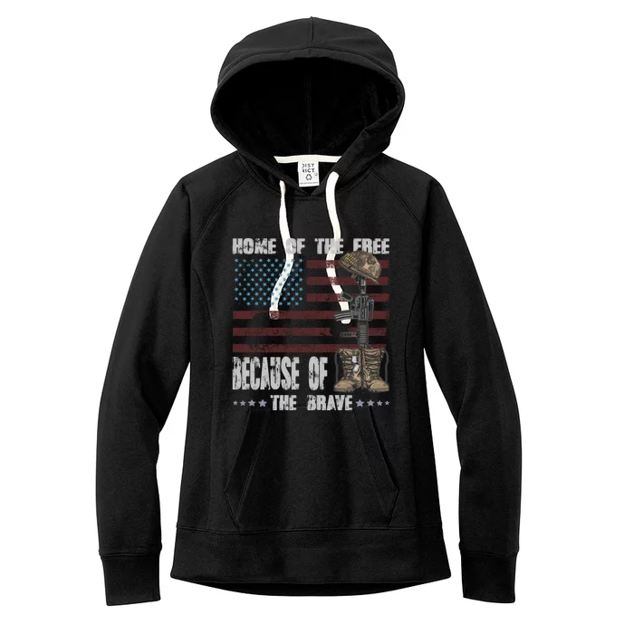 Land Of The Free Because The Brave Distress Veteran Us Flag Gift Women's Fleece Hoodie