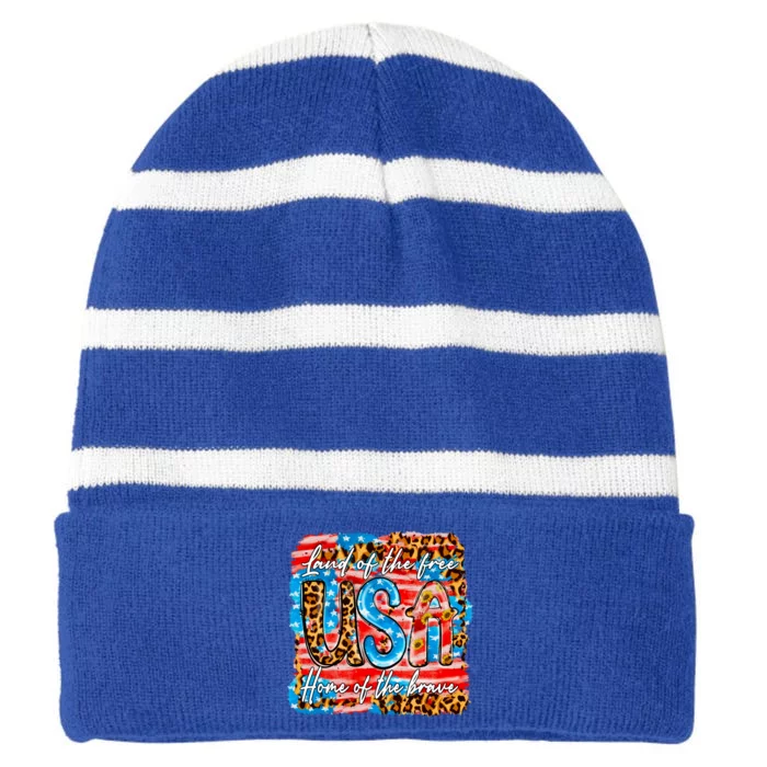 Land Of The Free Because Of The Brave 4th Of July Leopard Gift Striped Beanie with Solid Band