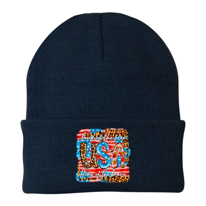 Land Of The Free Because Of The Brave 4th Of July Leopard Gift Knit Cap Winter Beanie