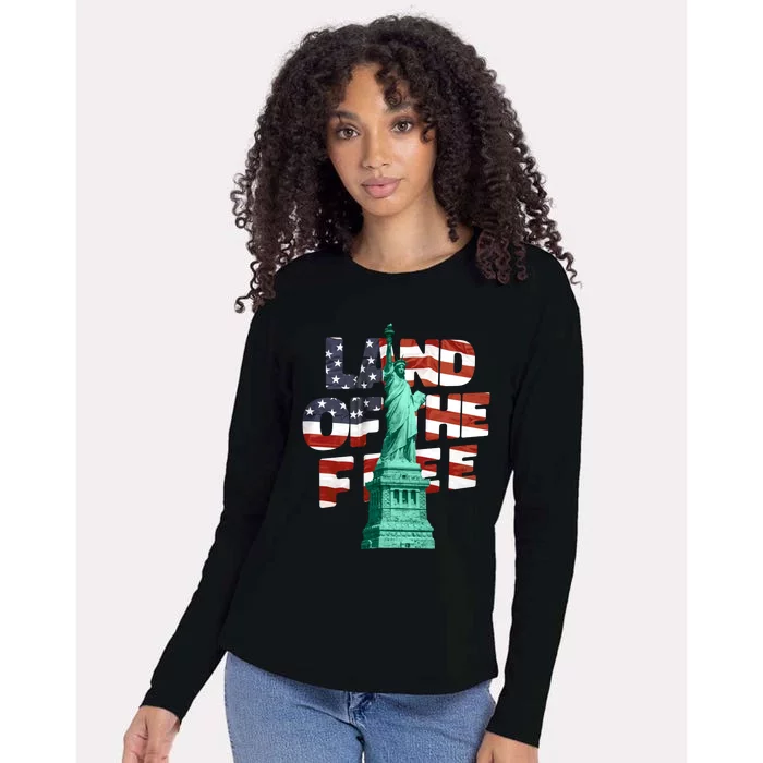 Land Of The Free Statue Of Liberty American Flag Womens Cotton Relaxed Long Sleeve T-Shirt