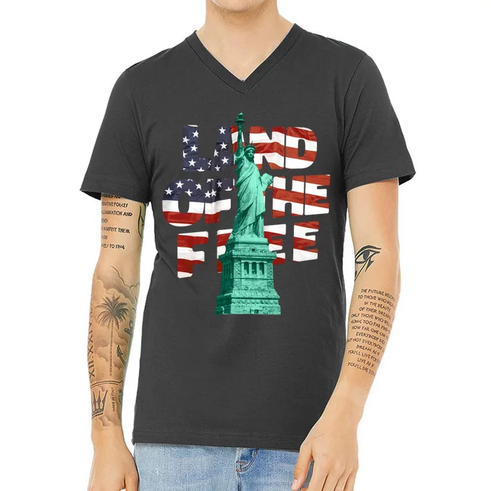 Land Of The Free Statue Of Liberty American Flag V-Neck T-Shirt