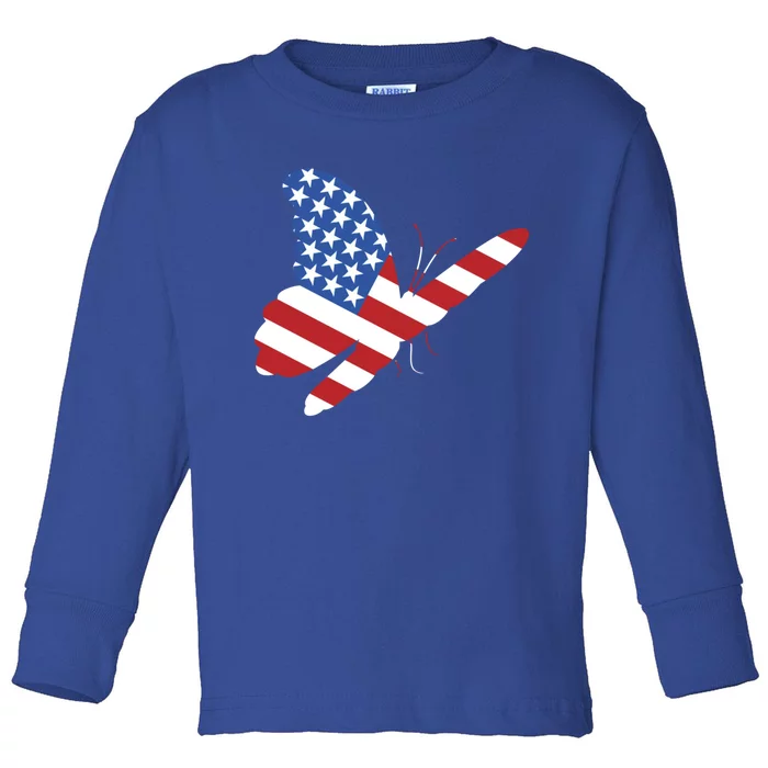 Land Of The Free Usa Flag Butterfly Proud American Veterans Great Gift Toddler Long Sleeve Shirt