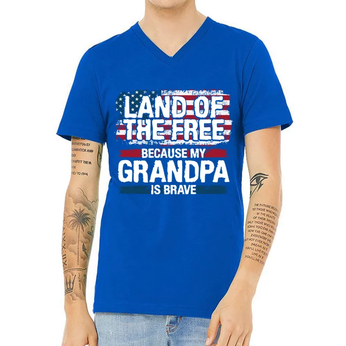 Land Of The Free Because My Grandpa Is Brave Veteran Army Gift V-Neck T-Shirt