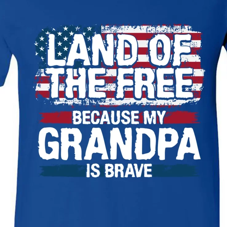 Land Of The Free Because My Grandpa Is Brave Veteran Army Gift V-Neck T-Shirt