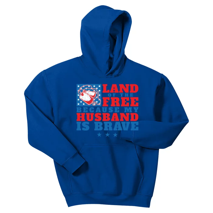 Land Of The Free Because My Husband Is Brave Cool Gift Military Wife Gift Kids Hoodie