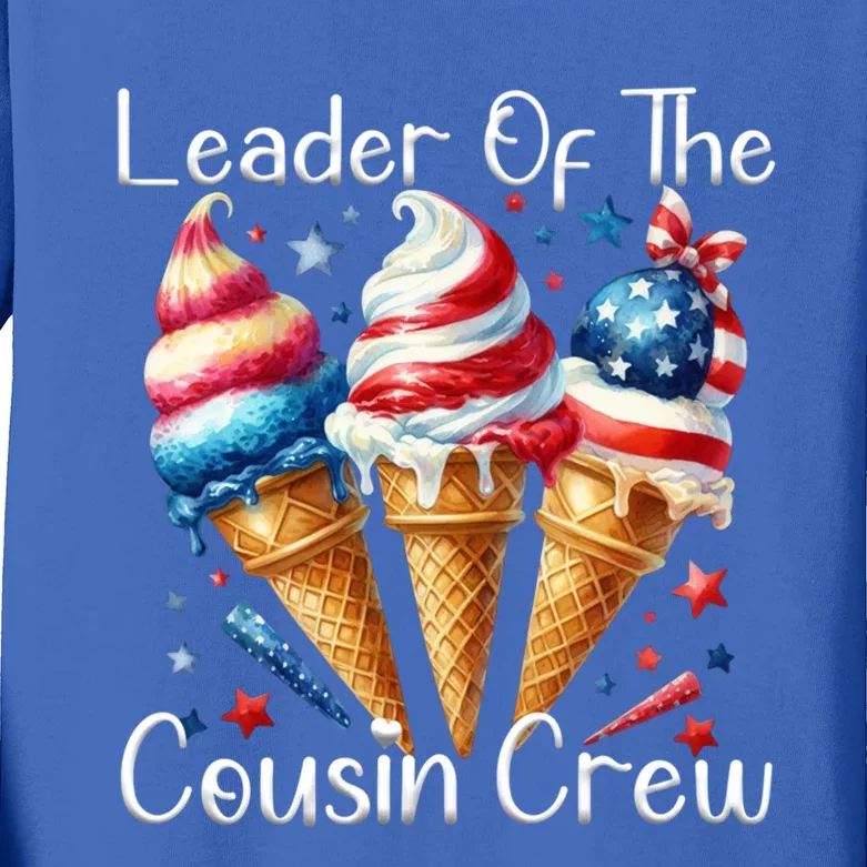 Leader Of The Cousin Crew 4th Of July Ice Cream Us Flag Cute Gift Kids Long Sleeve Shirt