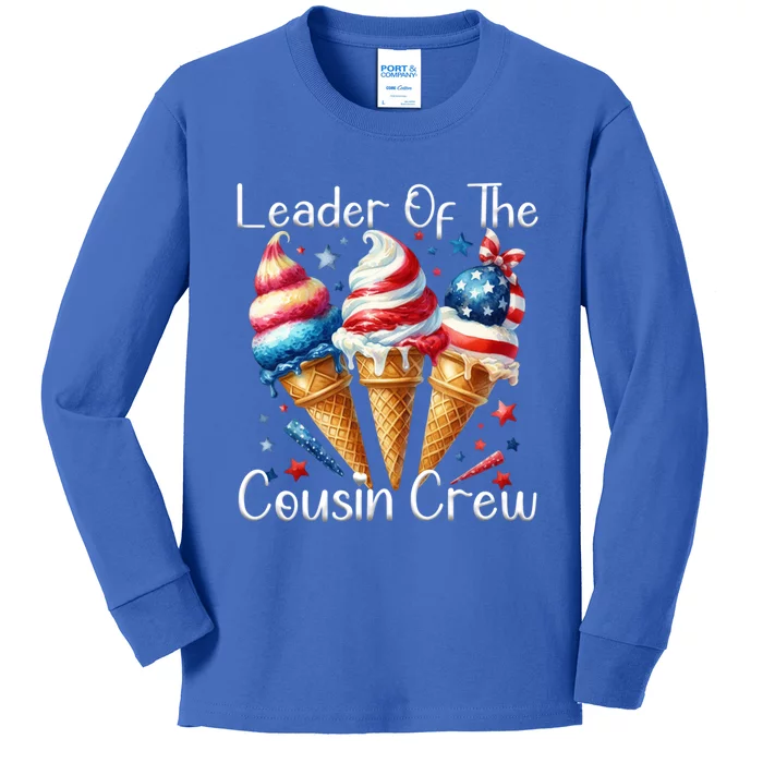 Leader Of The Cousin Crew 4th Of July Ice Cream Us Flag Cute Gift Kids Long Sleeve Shirt