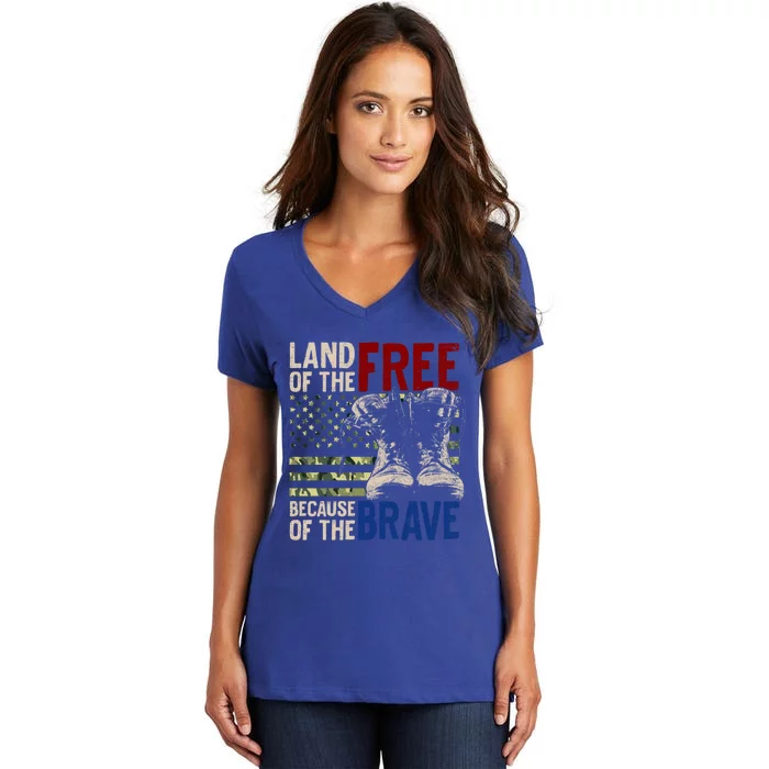 Land Of The Free Because Of The Brave Gift Vintage Us Flag Women's V-Neck T-Shirt