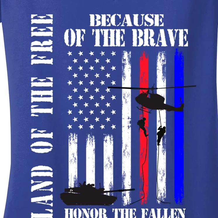 Land Of The Free Because Of The Brave Honor The Fallen Flag Funny Gift Women's V-Neck T-Shirt