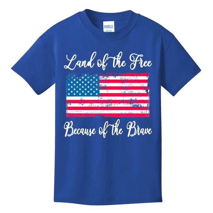 Land Of The Free Because Of The Brave Vintage American Flag Funny Gift Kids T-Shirt